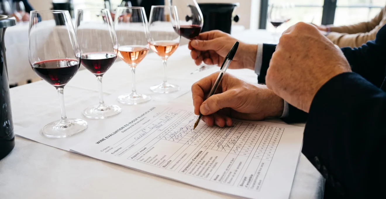 Professional sommelier taking notes on a wine tasting evaluation sheet with several wine glasses on a white tablecloth.