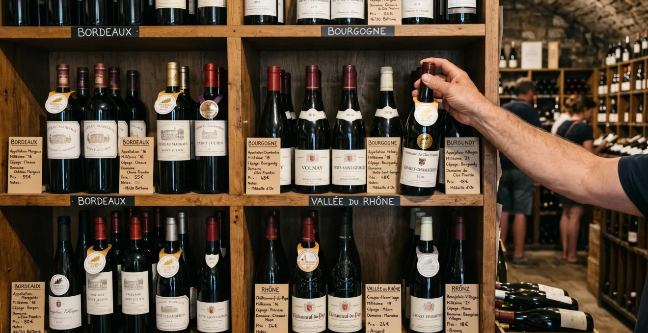 Wine shelf display showing multiple French wine bottles with visible medals and certification badges, with a hand selecting one bottle.